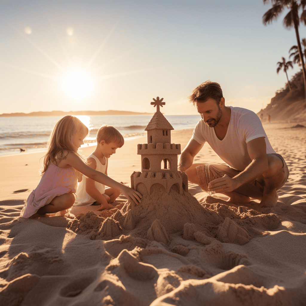 A father and two children build an elaborate sandcastle on a beach during sunset, with palm trees and the ocean in the background, showcasing a family moment and the joy of creative play by the seaside. swimming and camping