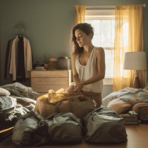 ai generated image of a woman packing a duffle bag for a camping trip