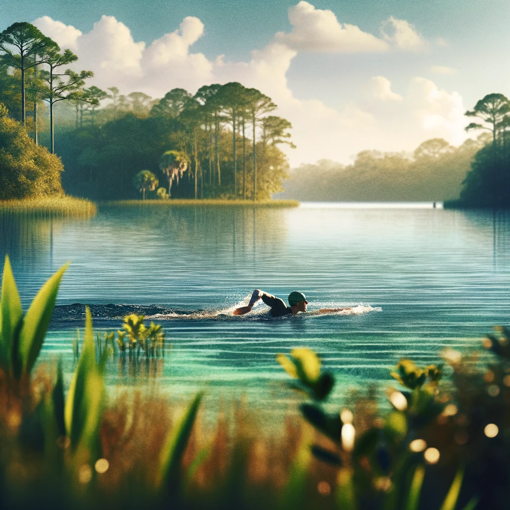 A swimmer in a cap is captured mid-stroke in a serene, sunlit Florida lake, surrounded by lush greenery and tall pine trees, reflecting the tranquility of nature and the invigorating experience of open water swimming.