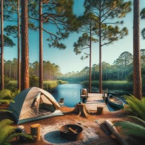 Secluded campsite by a tranquil lake surrounded by tall pine trees, with a tent, camping chairs, and a campfire ready for an evening under the stars.