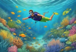 A diver in a blue wetsuit explores the underwater world, floating serenely among tropical fish and colorful corals in a vivid and bustling coral reef ecosystem.
