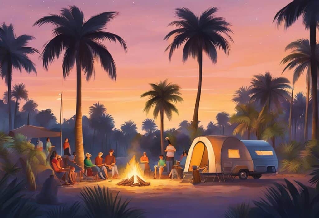 A group of friends enjoys a campfire at twilight with a teardrop camper nearby, surrounded by lush palm trees under a gradient sky transitioning from sunset pink to twilight blue.