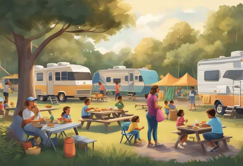 A convivial atmosphere at a campsite where people dine outdoors at picnic tables, with RVs parked in the background, amidst a canopy of trees casting gentle shadows in the warm evening light.