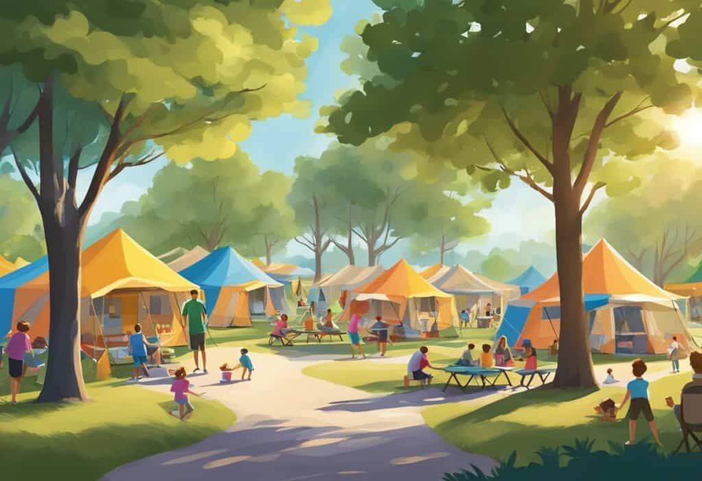 Busy campground scene with multiple colorful tents set up among green trees, families enjoying picnics and children playing on a sunny day with soft shadows cast by the foliage.