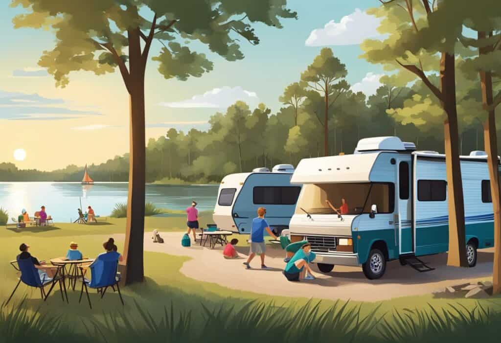 RV campers parked by a serene lake at sunset, with people relaxing and engaging in recreational activities among the trees, enjoying the peaceful outdoor setting at a family campground.