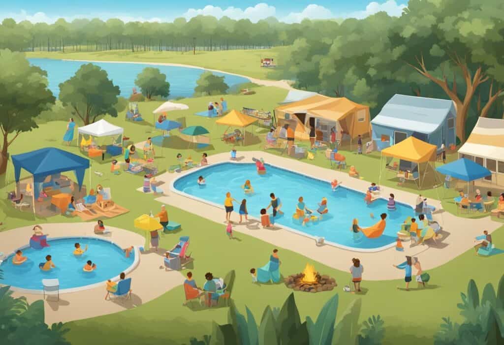 Vibrant campground scene featuring a lively community pool surrounded by tents and canopies, with families and children swimming and lounging, set in a lush park with a view of a lake in the distance.