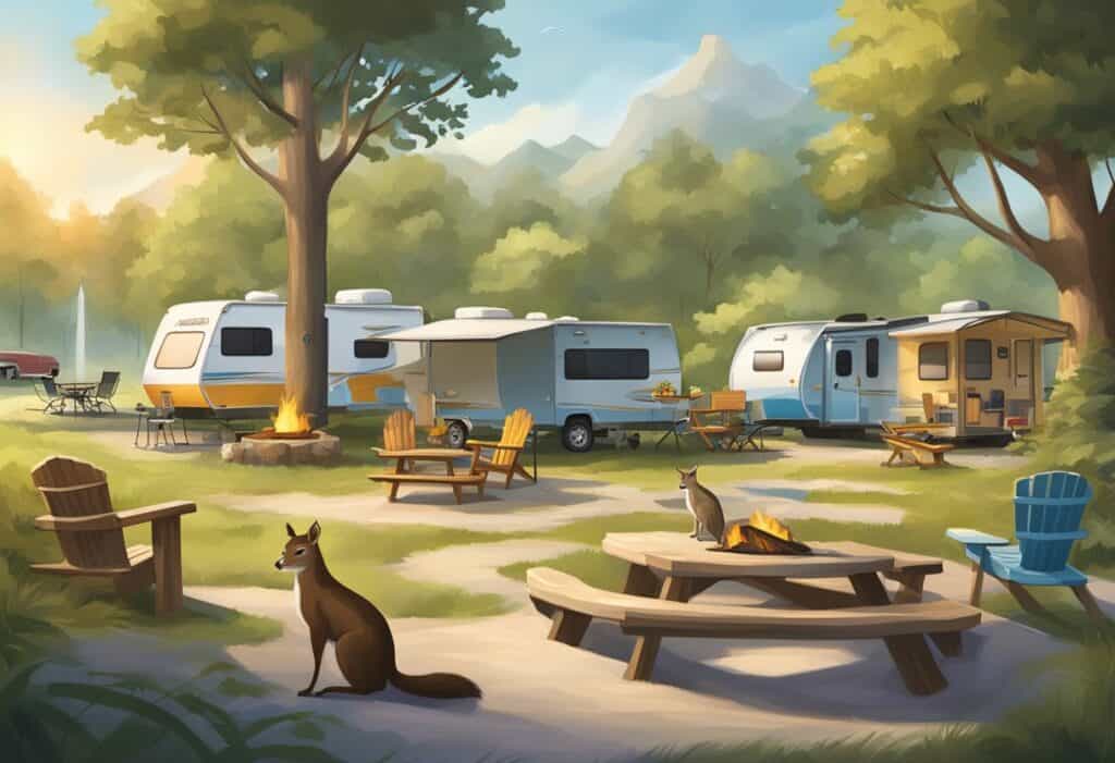 A tranquil RV camping scene in a forest clearing with a cozy campfire, Adirondack chairs, and a curious kangaroo visiting, all set against a backdrop of majestic mountains.