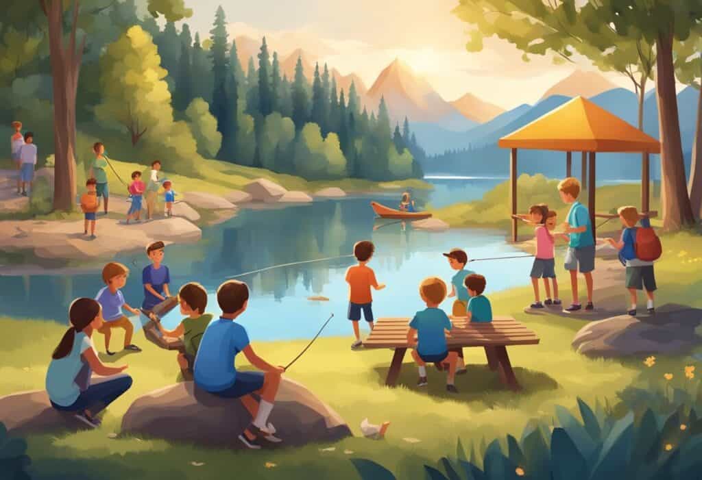 Children engage in various outdoor activities around a serene lake; some fish from the rocky shore, others sit at a picnic table, and a duo paddles a canoe, all amidst a backdrop of towering mountains and lush forests.
