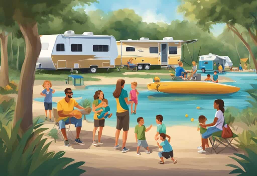 A bustling RV park scene with families engaging in leisure activities: children play by the water's edge, a man plays guitar, and others enjoy a sunny day near their campers and a yellow kayak.
